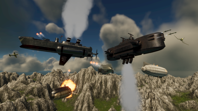 Airship Combat — steampunk airships firing over a mountainous landscape